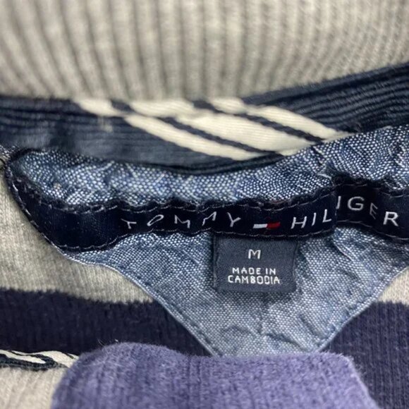 Tommy Hilfiger Sweater Men Medium M Navy Blue Gray Stripe Knit 1/4 Button Casual - Picture 6 of 11